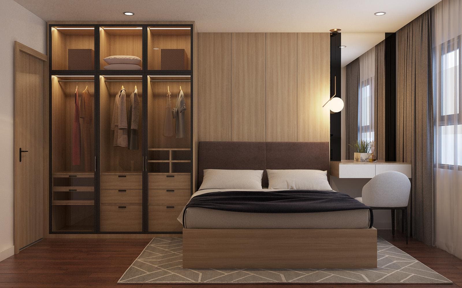 Thiết kế nội thất phòng ngủ đẹp với mẫu tủ quần áo cửa lùa được làm bằng kính bên trong có gắn đèn led cảm biến